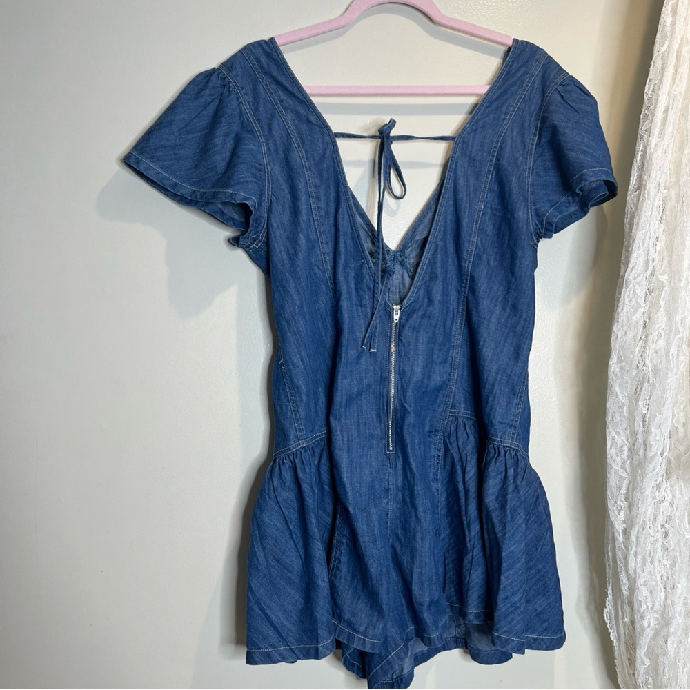 We The Free People Mia Playsuit Denim Drop Waist Seamed Bust Romper L - Picture 5 of 5